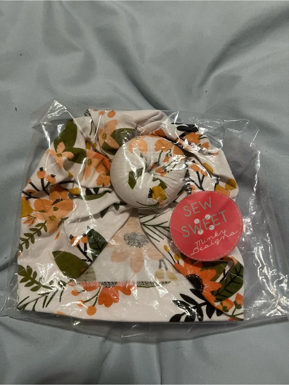 Baby Floral Knot Hat in cream, peach & olive